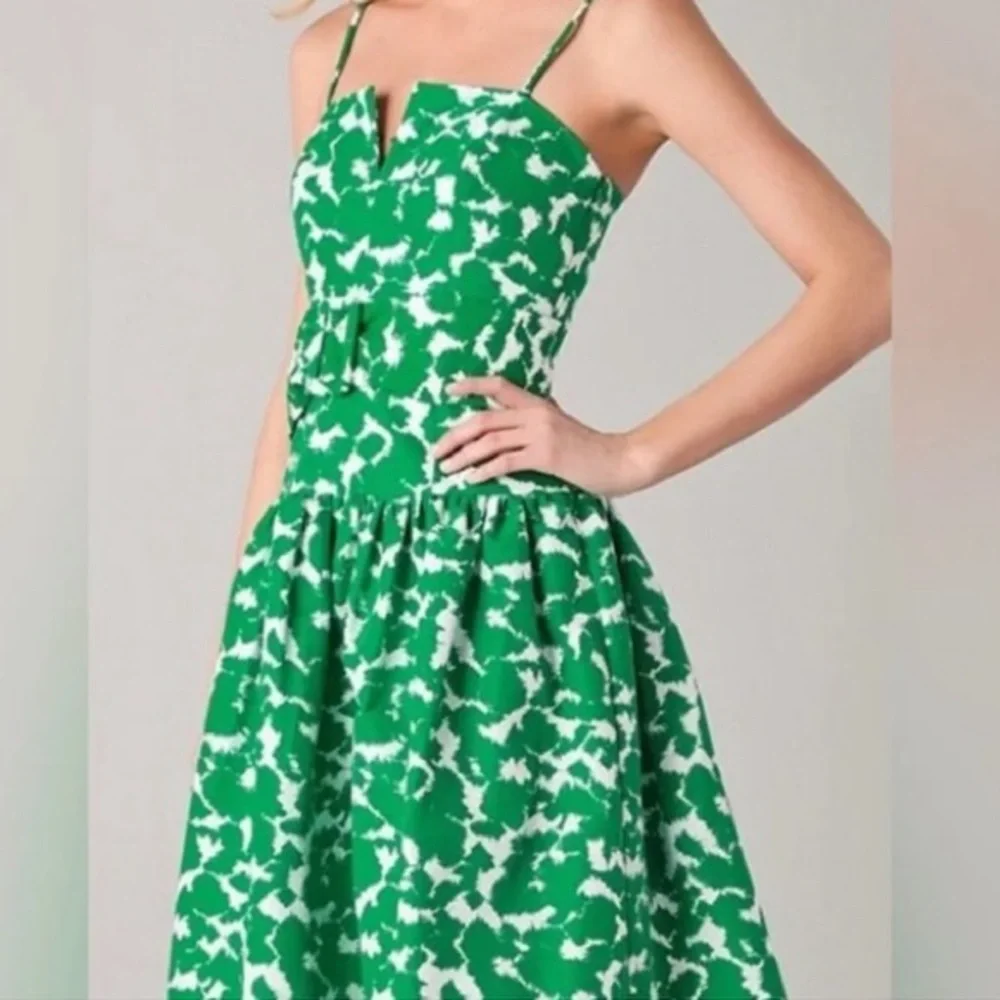 LAST CHANCE | Milly Sarah Dropped Waist Belted Dress in White & Green - Picture 2 of 10